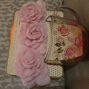 Petal & PEARL Rose Pink Glass Mug & Spa Hair Band Set. NWOT.